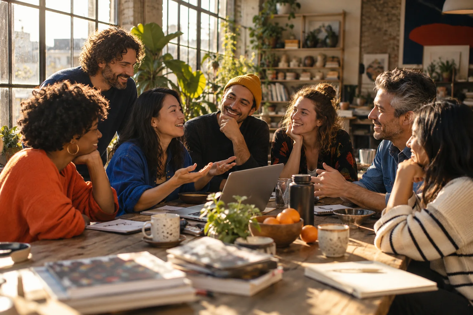 An imagined gathering of curious people exchanging ideas around a table in a sunlit studio